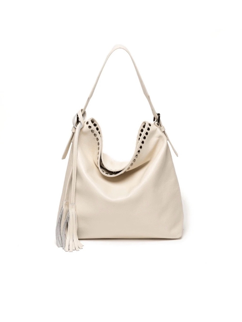 Laggo "Reed" Ivory Pebbled Leather Studded Hobo Bag
